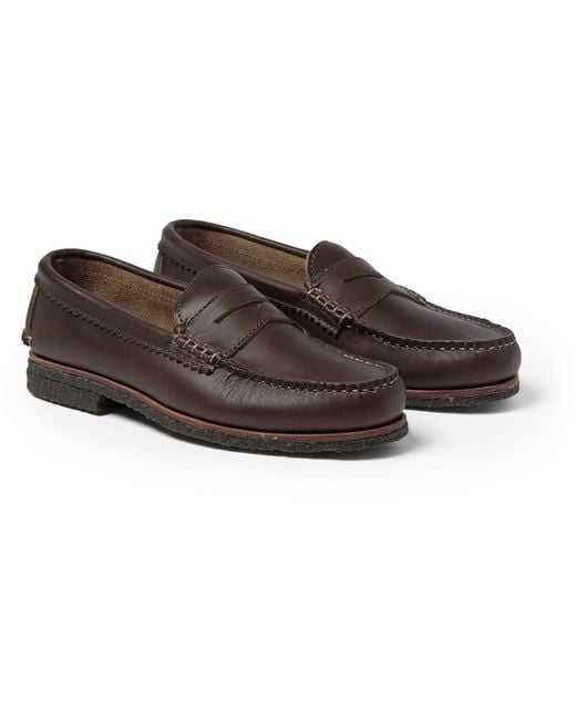 Quoddy Brown Crepe-Sole Leather Penny Loafers for men