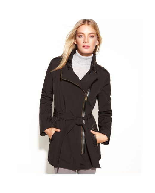 Michael Kors Black Hooded Asymmetrical Belted Softshell Coat
