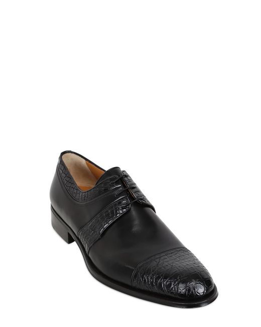 A.Testoni Black Leather Crocodile Derby Shoes for men