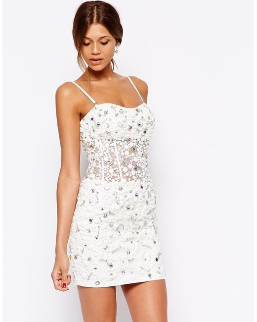 Forever Unique White Rococo Heavily Embellished Mini Dress