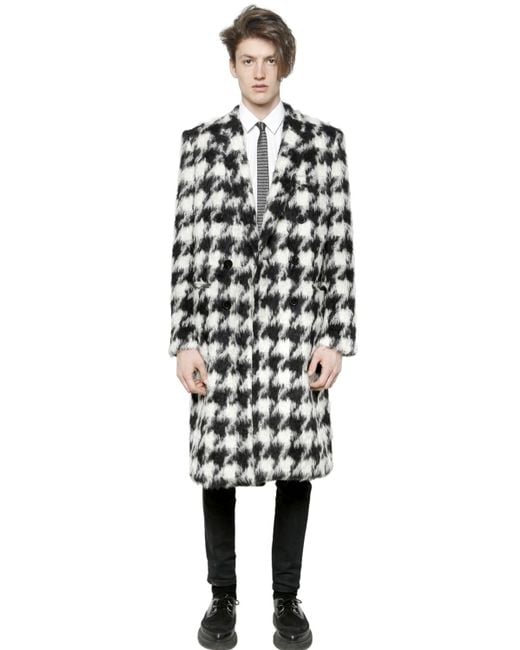 Saint Laurent Houndstooth Wool Blend Coat in Black for Men Lyst