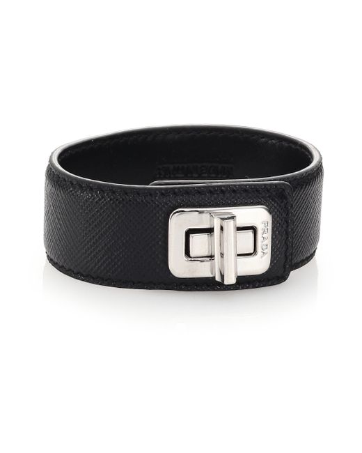 Prada Saffiano Leather Turnlock Cuff Bracelet in Black for Men | Lyst