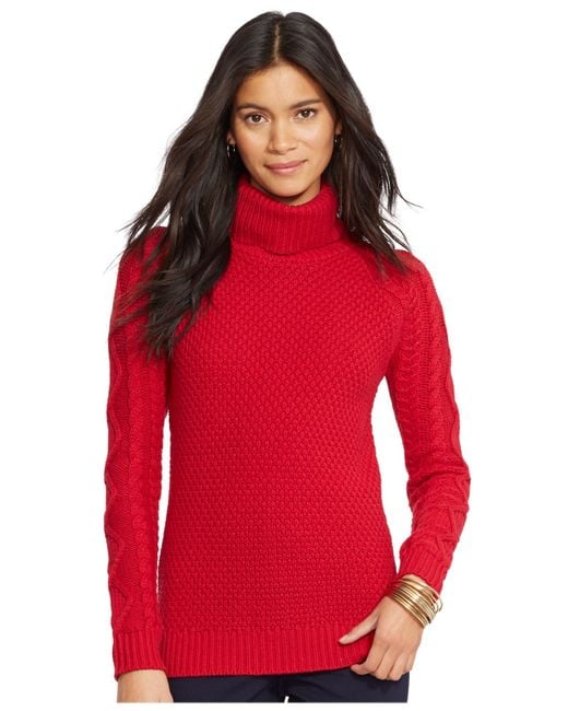 Lauren by Ralph Lauren Cable-Knit Turtleneck Sweater in Red | Lyst
