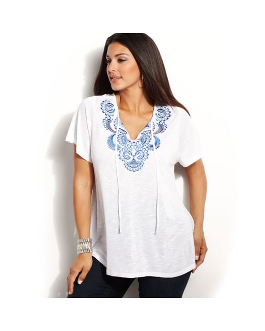 INC International Concepts White Plus Size Embroidered Shortsleeve Peasant Top