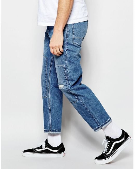 ASOS Straight Jeans In Cropped Length With Patches in Blue for Men | Lyst