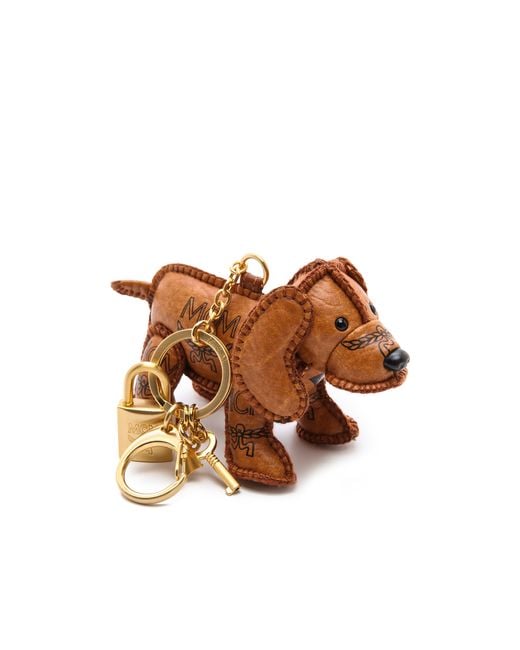 MCM Brown Heritage Dog Charm Keychain - Cognac