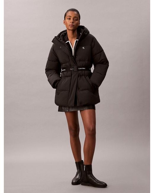 Calvin Klein Brown Logo Belt Hooded Puffer Jacket