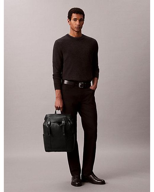 Calvin Klein Black Emblem Logo Saffiano Flap Backpack for men