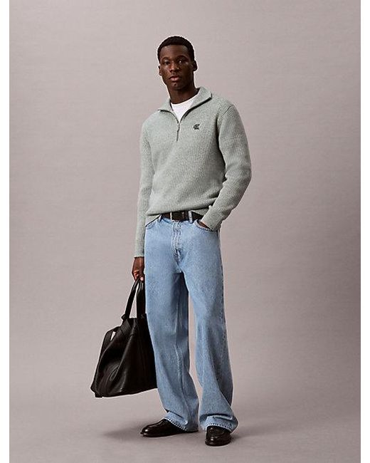 Calvin Klein Gray Jeans Wool Blend Zip Neck Jumper for men
