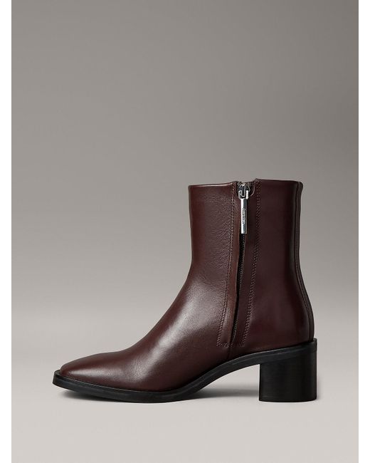 Calvin Klein Brown Leather Square Toe Zip Ankle Boots