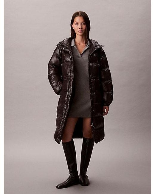 Calvin Klein Brown Jeans High Shine Hooded Puffer Coat