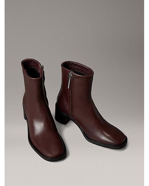 Calvin Klein Brown Kniehohe Ankle Boots Aus Leder Mit Quadratischem Zehenbereich Und Reißverschluss