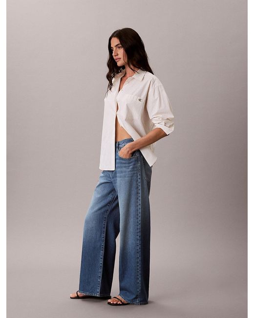 Calvin Klein Blue Cotton Linen Wide Leg Jeans
