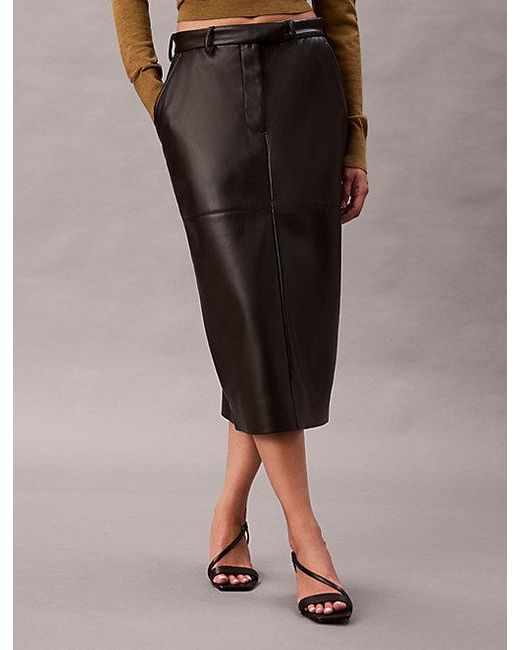 Calvin Klein Black Faux Leather Midi Skirt