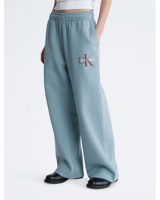 Calvin Klein Blue Monogram Logo Wide Leg Sweatpants