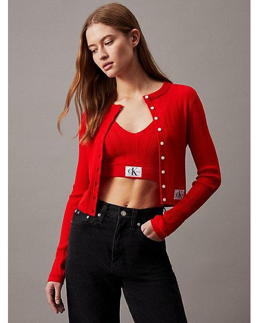 Calvin Klein Red Cardigan aus weichem geripptem Lyocell
