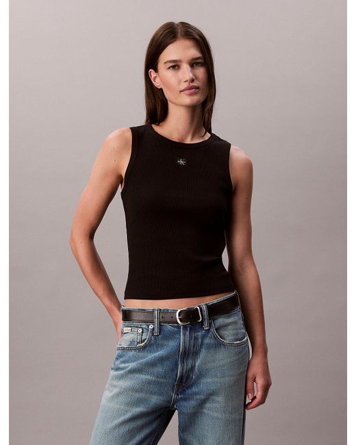 Canotta Di Cotone A Costine Con Stemma di Calvin Klein in Black