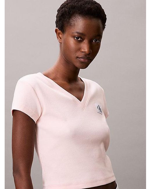 Calvin Klein Pink Slim Ribbed Cotton V-Neck T-Shirt