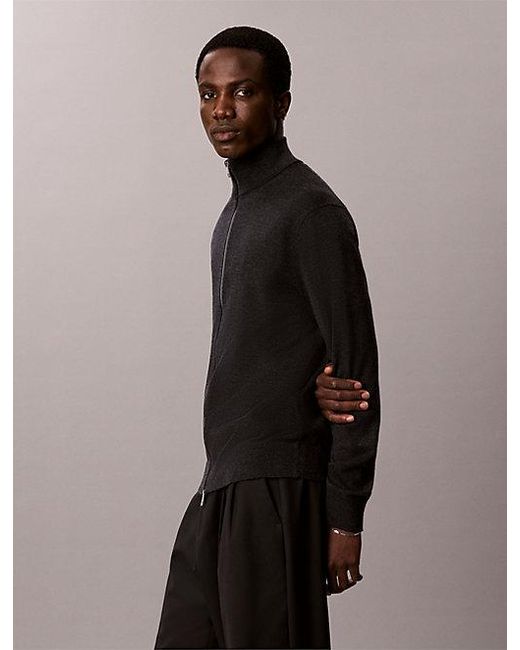 Calvin Klein Black Merino Wool Zip Up Cardigan for men