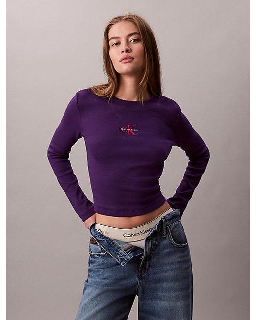 Calvin Klein Purple Jeans Monologo Long Sleeve Rib Baby Tee