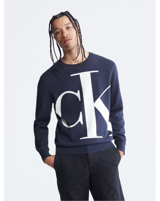Calvin Klein Supima Cotton Monogram Logo Sweater in Blue for Men