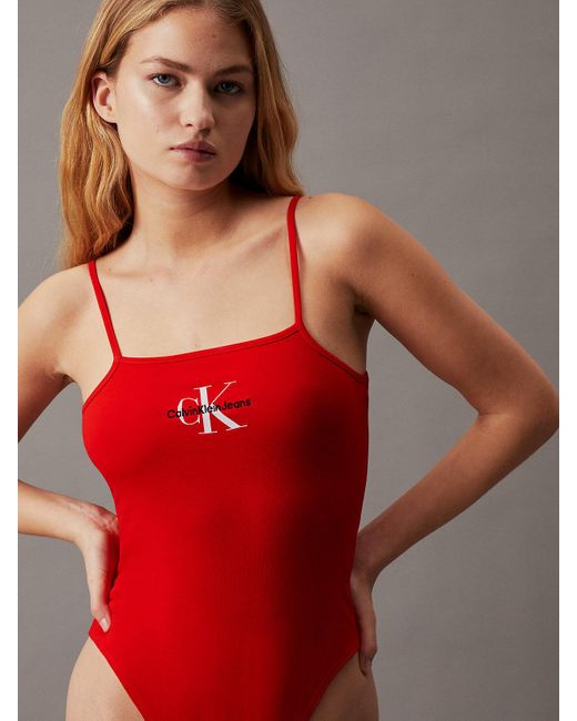 Calvin Klein Red Cotton Stretch Monogram Bodysuit