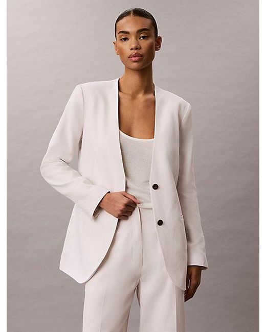 Calvin Klein White Lyocell Linen Blend Blazer