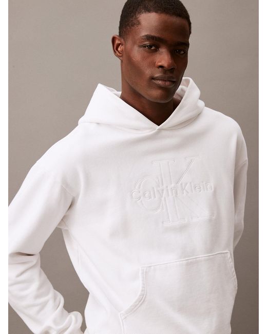 Calvin Klein White Tonal Embroidered Logo Fleece Hoodie for men