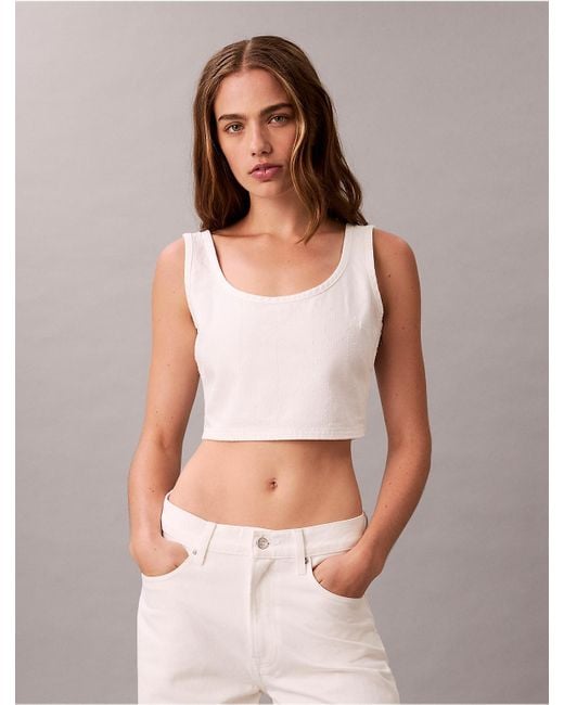 Calvin Klein White Denim Allover Monogram Cropped Tank Top