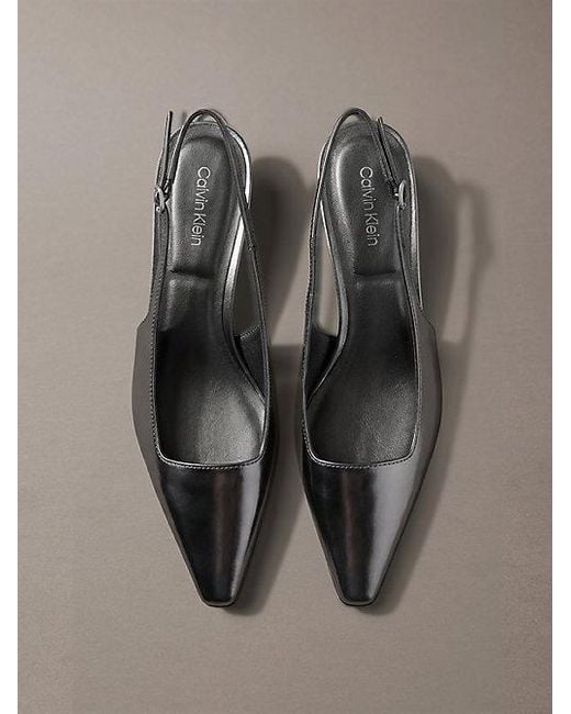 Calvin Klein Gray Metallic Leather Kitten Heel Slingbacks