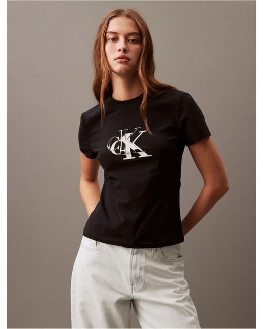 Calvin Klein Brown Contrast Monogram Logo Slim Fit Crewneck T-shirt
