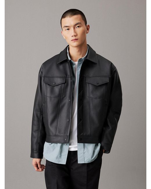 Calvin Klein Gray Faux Leather Trucker Jacket for men