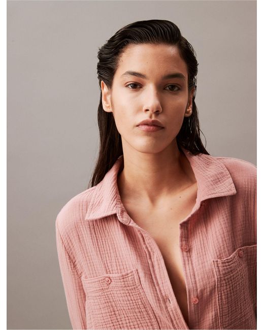 Calvin Klein Pink Textured Button-front Roll-sleeve Shirt