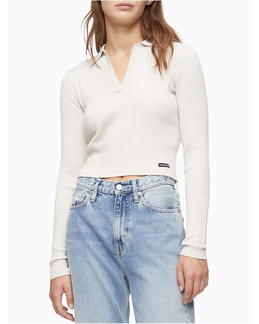 Calvin Klein Ribbed Long Sleeve Cropped Polo Shirt in Blue