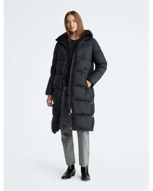 Calvin Klein Black Long Faux Fur Puffer Coat