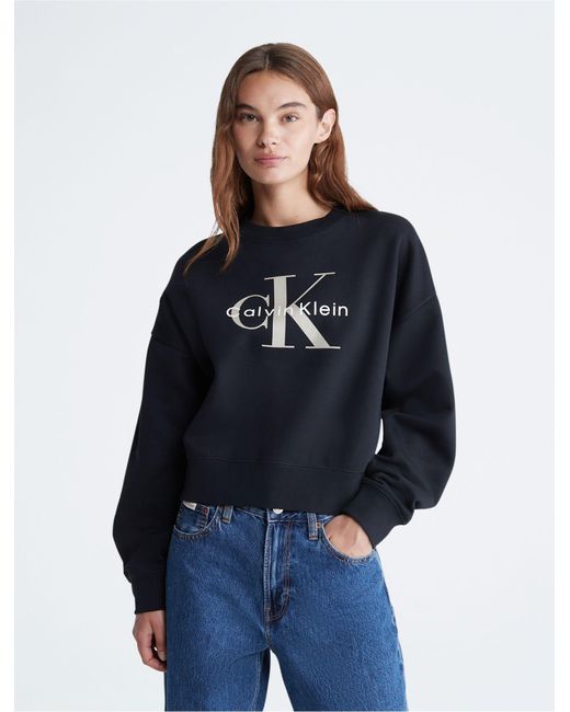 Calvin Klein Monogram Logo Relaxed Crewneck Sweatshirt in Blue | Lyst
