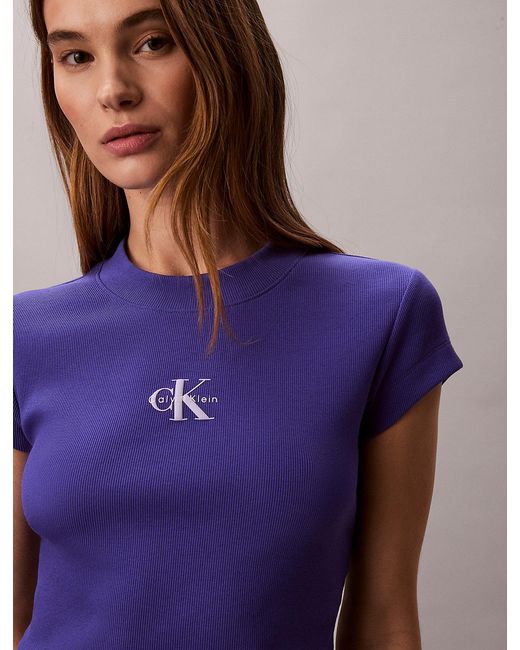 Calvin Klein Purple Slim Ribbed Cotton Logo T-Shirt