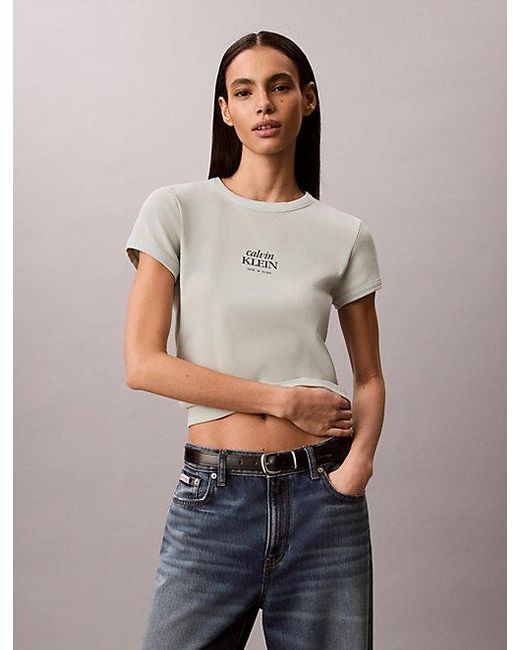 Calvin Klein Blue Jeans Slim Ribbed Cotton Logo T-Shirt