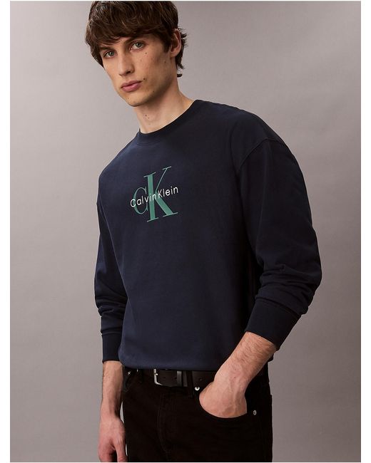 Calvin Klein Blue Calvin Klein Premium Terry Monogram Logo Relaxed Sweatshirt for men