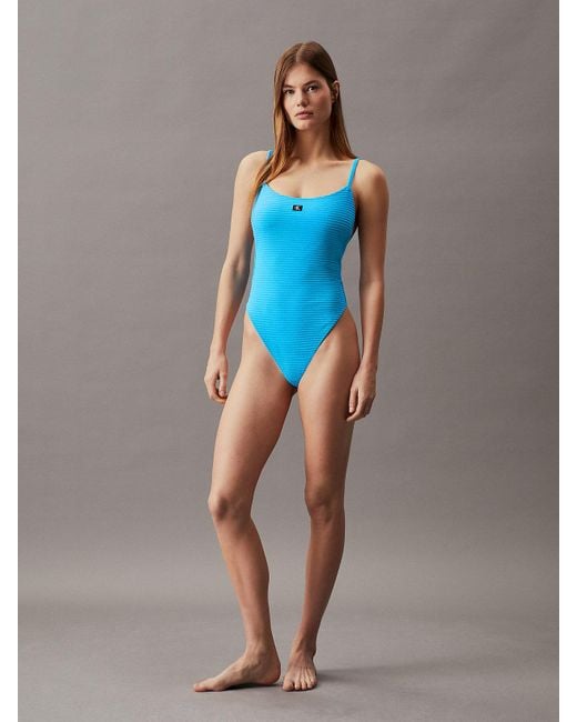 Calvin Klein Blue Low Back Swimsuit - Ck Monogram Rib