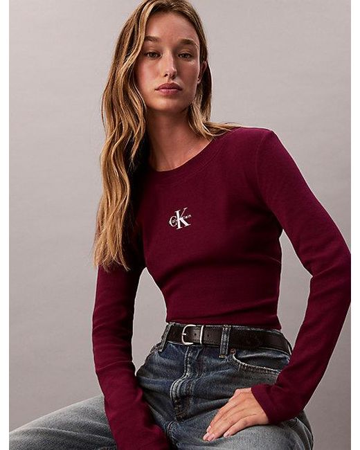 Calvin Klein Red Jeans Monologo Long Sleeve Rib Baby Tee