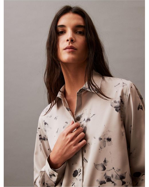 Calvin Klein Brown Satin Floral Print Classic Button-down Shirt