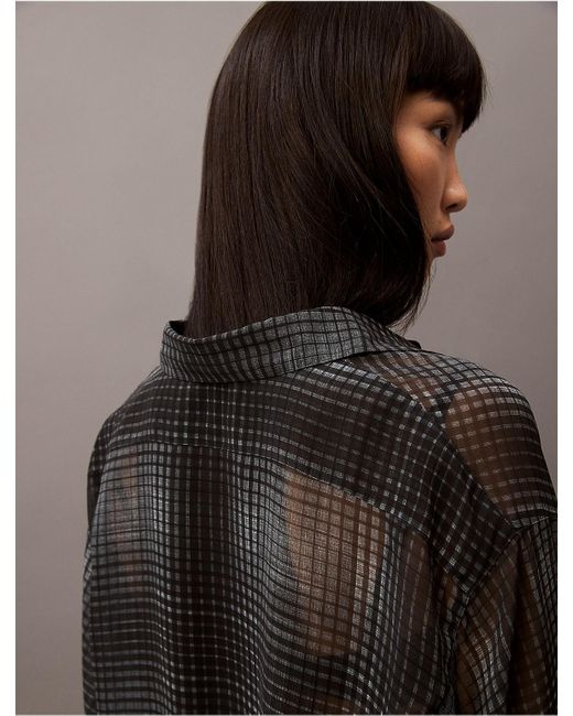 Calvin Klein Gray Chiffon Printed Relaxed Button-Down Shirt