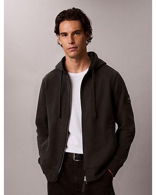 Calvin Klein Black Jeans Cotton Terry Badge Zip Hoodie for men