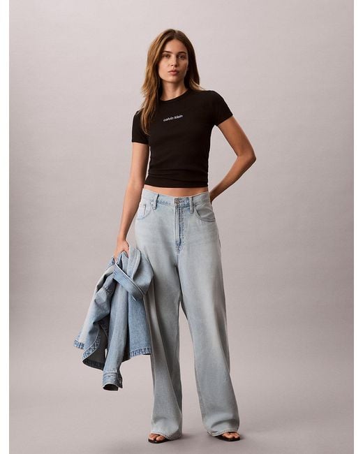 Calvin Klein Black Ribbed Embroidered Logo T-Shirt