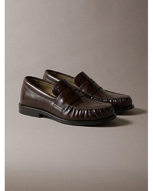 Calvin Klein Brown Theo Leather Pleated Penny Loafers for men