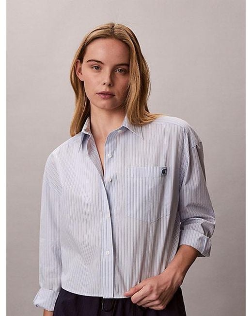 Calvin Klein Purple Jeans Cropped Cotton Poplin Stripe Shirt