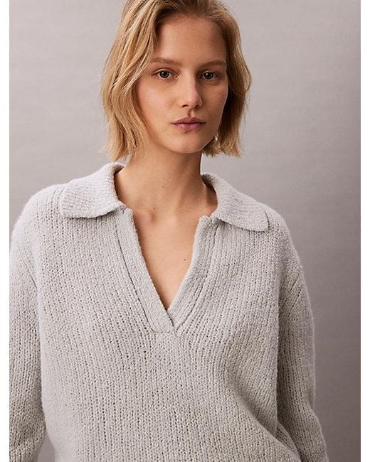 Calvin Klein Gray Jeans Merino Wool Boucle Polo Jumper