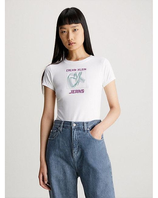 Camiseta con logo slim de algodón Calvin Klein de color Blue