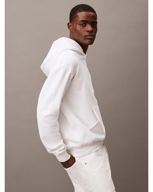 Calvin Klein White Tonal Embroidered Logo Fleece Hoodie for men